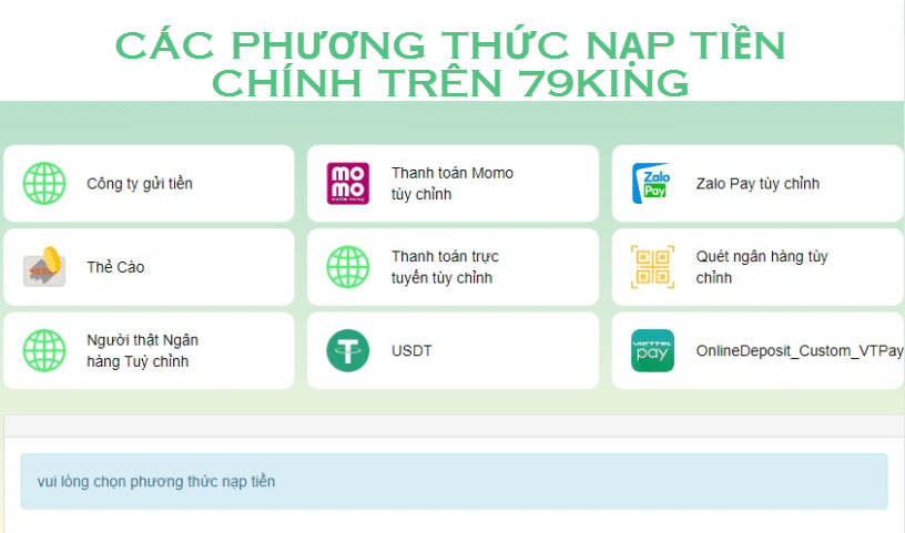 Các phương thức nạp tiền chính trên 79king